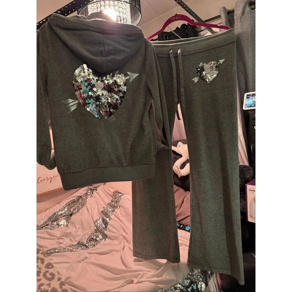 VS PINK greyāglitter hooded pullover sweatshirt & pants set- sweatsuit large